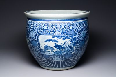 A large Chinese blue and white fish bowl, Jiaqing