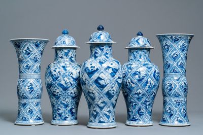 A large Chinese blue and white five-piece garniture, Kangxi