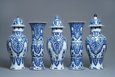 A large Chinese blue and white five-piece garniture with floral design, Kangxi