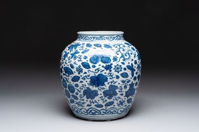 A large Chinese blue and white jar with Buddhist symbols and foliage, Jiajing/Wanli period
