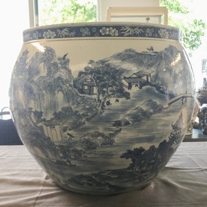 A large Chinese blue and white 'landscape' fish bowl, Qianlong — photo 49