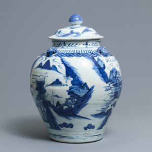 A large Chinese blue and white landscape vase and cover, Wanli — 照片 4