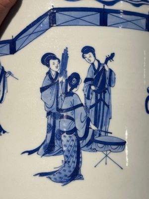 A large Chinese blue and white 'Li Jing Qu Qi 李靖娶妻' brush pot, 19th C. — photo 10
