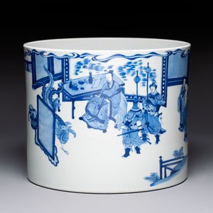 A large Chinese blue and white 'Li Jing Qu Qi 李靖娶妻' brush pot, 19th C. — photo 1