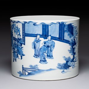 A large Chinese blue and white 'Li Jing Qu Qi 李靖娶妻' brush pot, 19th C. — photo 2