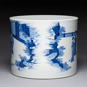 A large Chinese blue and white 'Li Jing Qu Qi 李靖娶妻' brush pot, 19th C. — photo 3