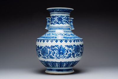 A large Chinese blue and white 'lotus and peony scroll' 'hu' vase, 19th C.