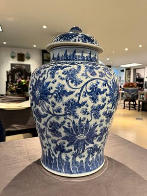 A large Chinese blue and white 'lotus scroll' vase and cover, Kangxi — 照片 3