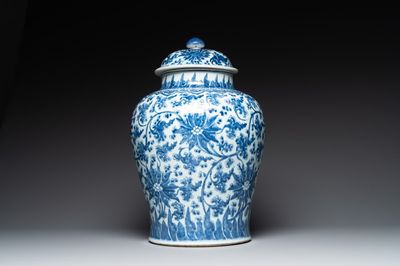 A large Chinese blue and white 'lotus scrolls' vase and cover, Kangxi