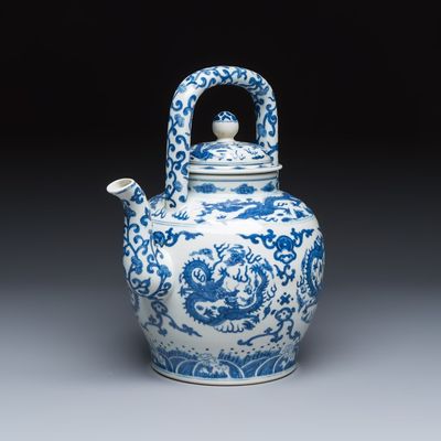 A large Chinese blue and white 'Nine Dragons' wine pot, Longqing mark, 20th C.