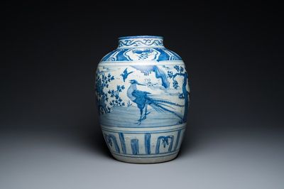 A large Chinese blue and white 'pheasant' jar, Ming