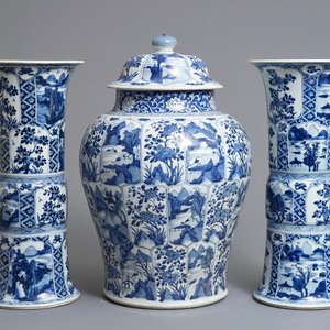 A large Chinese blue and white three-piece garniture with landscape and floral panels, Kangxi — photo 1