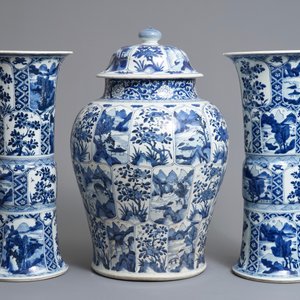 A large Chinese blue and white three-piece garniture with landscape and floral panels, Kangxi — photo 3