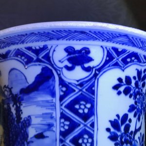 A large Chinese blue and white three-piece garniture with landscape and floral panels, Kangxi — photo 37