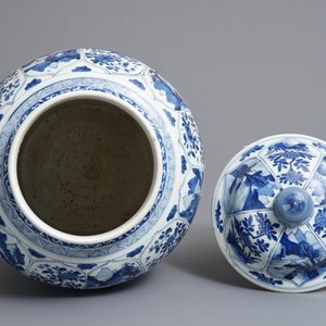 A large Chinese blue and white three-piece garniture with landscape and floral panels, Kangxi — photo 5