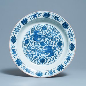 A large Chinese blue and white 'two phoenixes' dish, Jiajing — photo 1