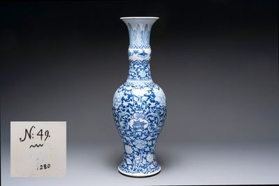 A large Chinese blue and white vase with dragons, peonies and antiquities, Johanneum mark, ex-collection of August the Strong, Kangxi
