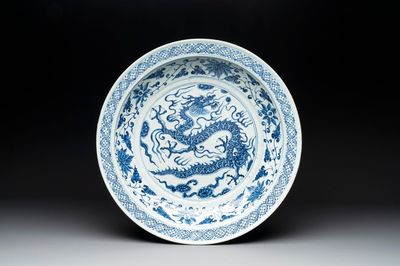 A large Chinese blue and white Yuan-style 'dragon' dish, probably 19th C.