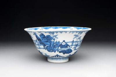 A large Chinese blue and white 'Zhu Lin Qi Xian 竹林七賢' bowl, Kangxi