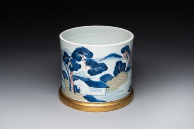A large Chinese blue, white, celadon and copper-red brush pot on a later gilt bronze foot, 'bitong', Kangxi