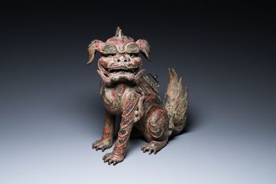 A large Chinese bronze Buddhist lion censer, probably Ming
