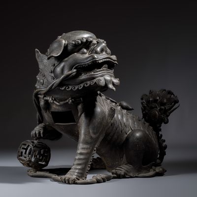 A large Chinese bronze 'Buddhist Lion' incense burner, Ming