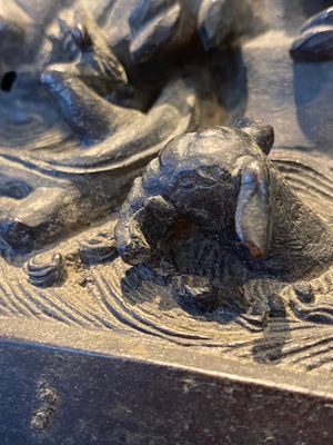 A large Chinese bronze censer and cover with a dragon in a rocky landscape with various animals, Yuan — photo 16