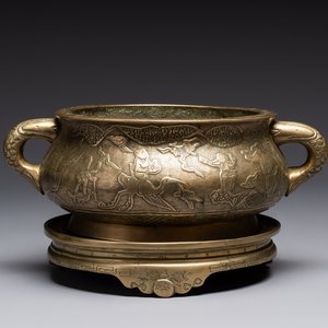 A large Chinese bronze 'Eight Immortals' censer and stand, Xuande mark, 19th C. — photo 1