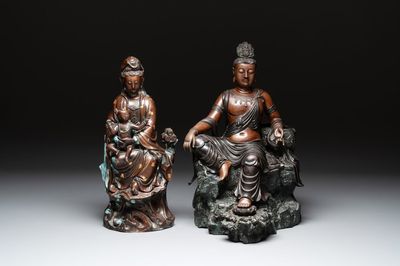 A large Chinese bronze Guanyin seated on rocks and a group of Guanyin with child, 20th C.
