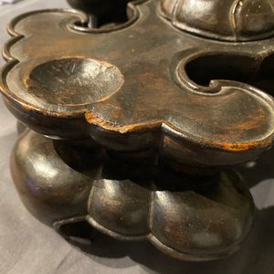 A large Chinese bronze incense burner and cover on carved wooden stand, Ming — photo 53