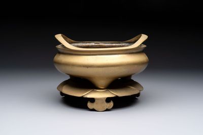 A large Chinese bronze tripod censer on stand, Wu Chen Mi Sheng Tang 戊辰米生堂 mark, dated 1868