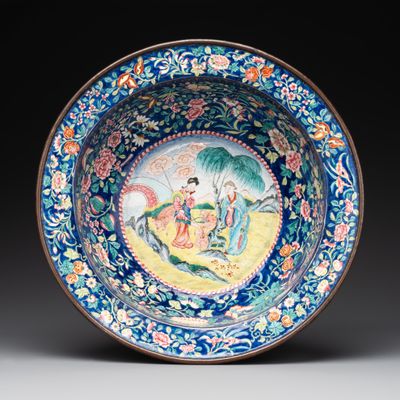 A large Chinese Canton enamel basin with figures in a landscape, Jiaqing