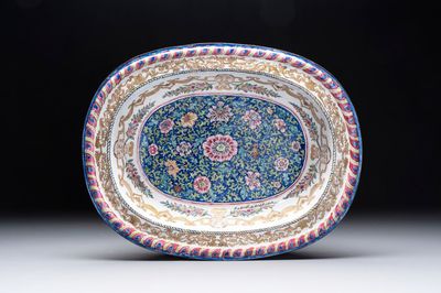 A large Chinese Canton enamel basin with garlands decorated with male heads, Qianlong