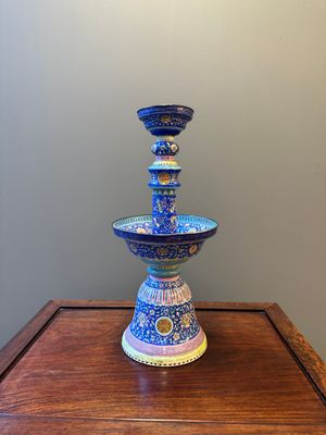 A large Chinese Canton enamel blue-ground 'shou' candlestick, Qianlong/Jiaqing — photo 1