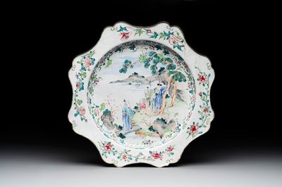A large Chinese Canton enamel dish with scholars in a landscape, Yongzheng