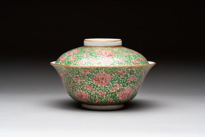 A large Chinese Canton famille rose 'lotus' Bencharong bowl and cover for the Thai market, 19th C.