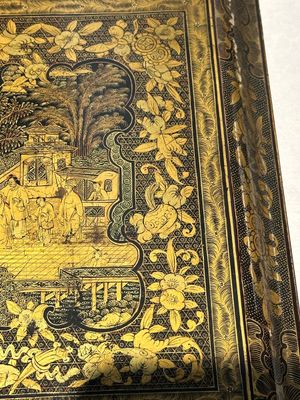 A large Chinese Canton gilt black lacquer tray, thee boxes and a fan, 19th C. — 照片 17