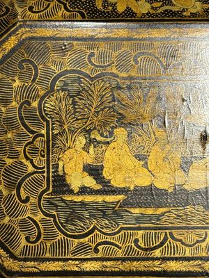 A large Chinese Canton gilt black lacquer tray, thee boxes and a fan, 19th C. — 照片 36