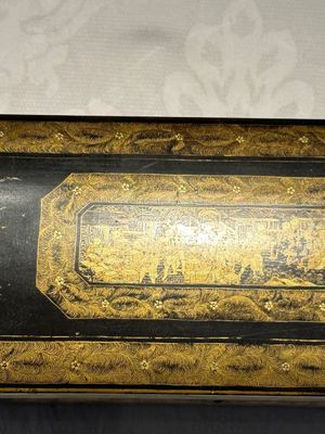 A large Chinese Canton gilt black lacquer tray, thee boxes and a fan, 19th C. — 照片 48