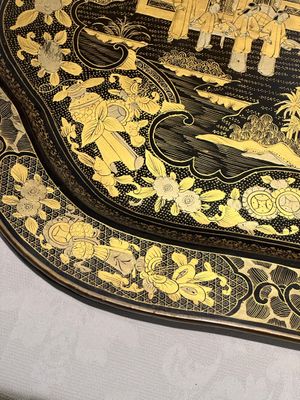 A large Chinese Canton gilt black lacquer tray, thee boxes and a fan, 19th C. — 照片 7
