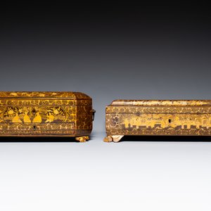 A large Chinese Canton gilt black lacquer tray, thee boxes and a fan, 19th C. — 照片 6