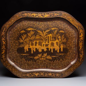 A large Chinese Canton gilt-decorated black lacquer tray with narrative design, 19th C. — 照片 1