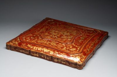 A large Chinese Canton gilt-lacquered presentation box with narrative design, 19th C.