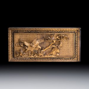 A large Chinese carved gilt wooden panel with birds among peonies — photo 1