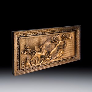 A large Chinese carved gilt wooden panel with birds among peonies — photo 3