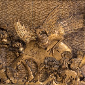 A large Chinese carved gilt wooden panel with birds among peonies — photo 4