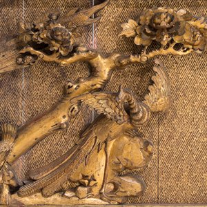 A large Chinese carved gilt wooden panel with birds among peonies — photo 5