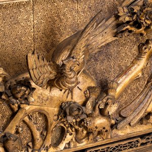 A large Chinese carved gilt wooden panel with birds among peonies — photo 6