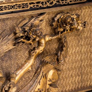 A large Chinese carved gilt wooden panel with birds among peonies — photo 7