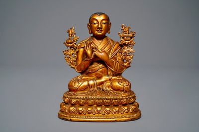 A large Chinese carved lacquered giltwood figure of Tsongkhapa, 18th C.